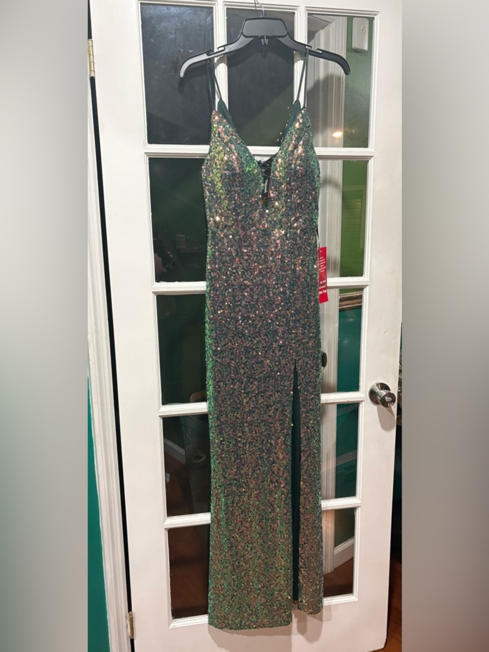 Sequin V-Neck Slit Evening Gown - Iridescent Green